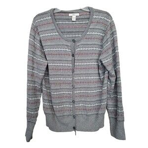 Bass Women's Gray Fair Isle Striped Cotton Cashmere Button-Up Cardigan Size XL
